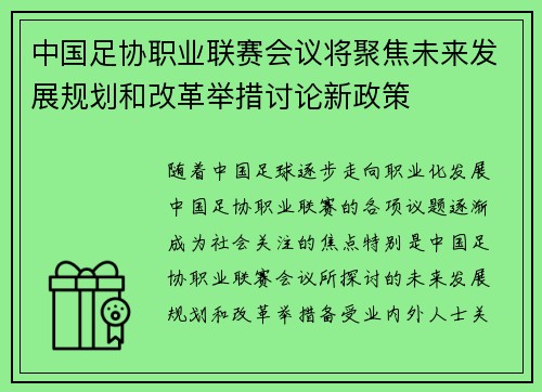 中国足协职业联赛会议将聚焦未来发展规划和改革举措讨论新政策